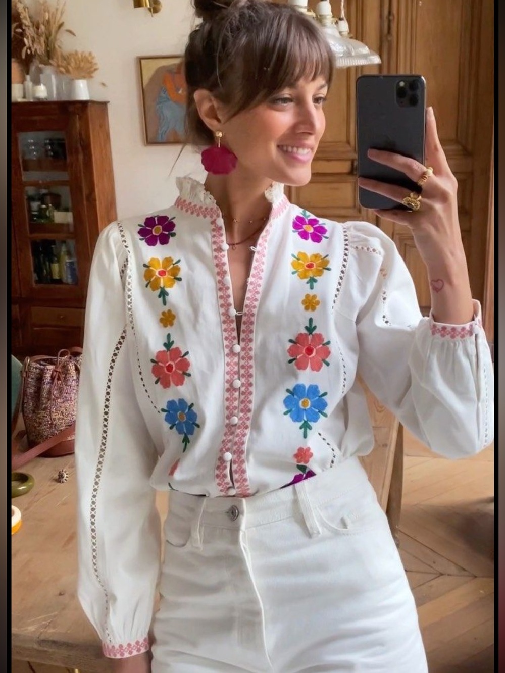 Sezane White Embroidered Floral Peasant Blouse